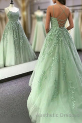 Sage Green Straps Tulle With Lace Train Long Evening Prom Dresses, Sage Green Party Dresses